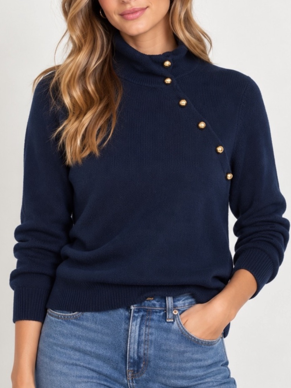 Lilly Pulitzer Navy Blue Sweater Knit Gold Button Turtleneck Old Money M $148